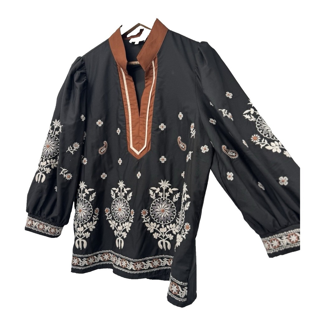 Boho Luxury Artsy Hand Embroidered Black Floral Tunic Blouse‎ festival unique L